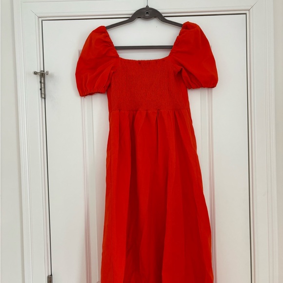 Red Orange Puff Sleeve Midi Dress - Picture 10 of 10
